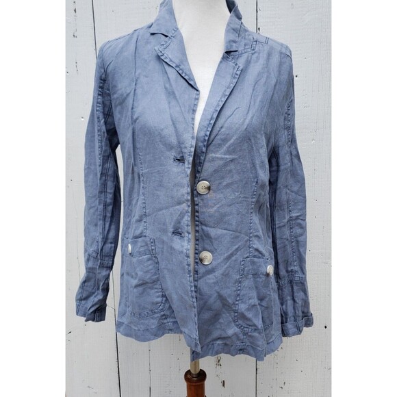 XCVI Tops - XCVI Women Blue Plaid Back Collared Long Sleeve LINEN Two Button Top Shirt Sz M